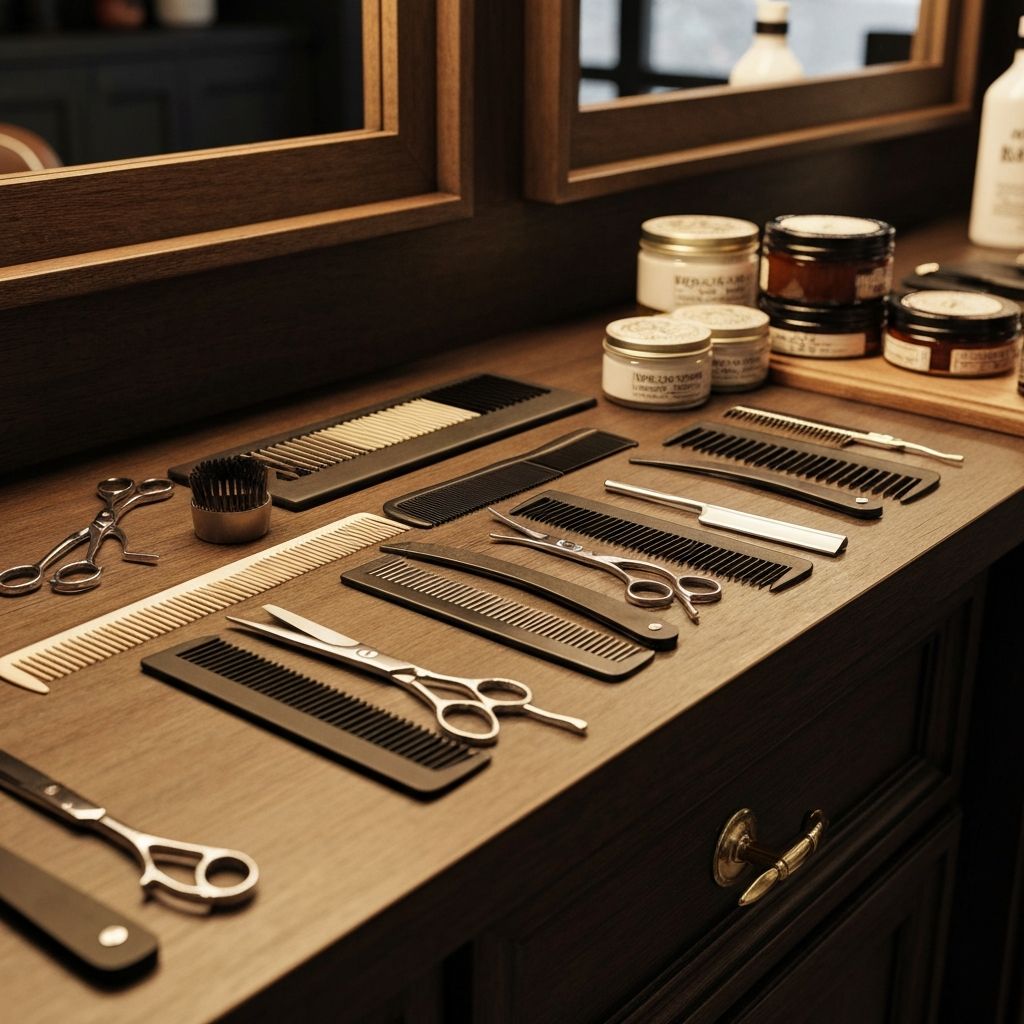 Premium barbershop grooming tools neatly arranged on a dark wooden counter